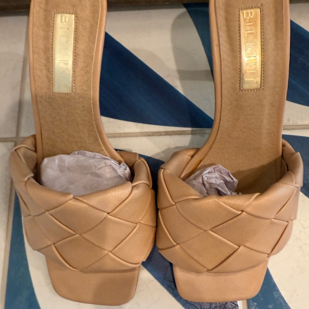 Bellini Slip On Mule Nude Leather Woven Heels Size 8 - Picture 3 of 4